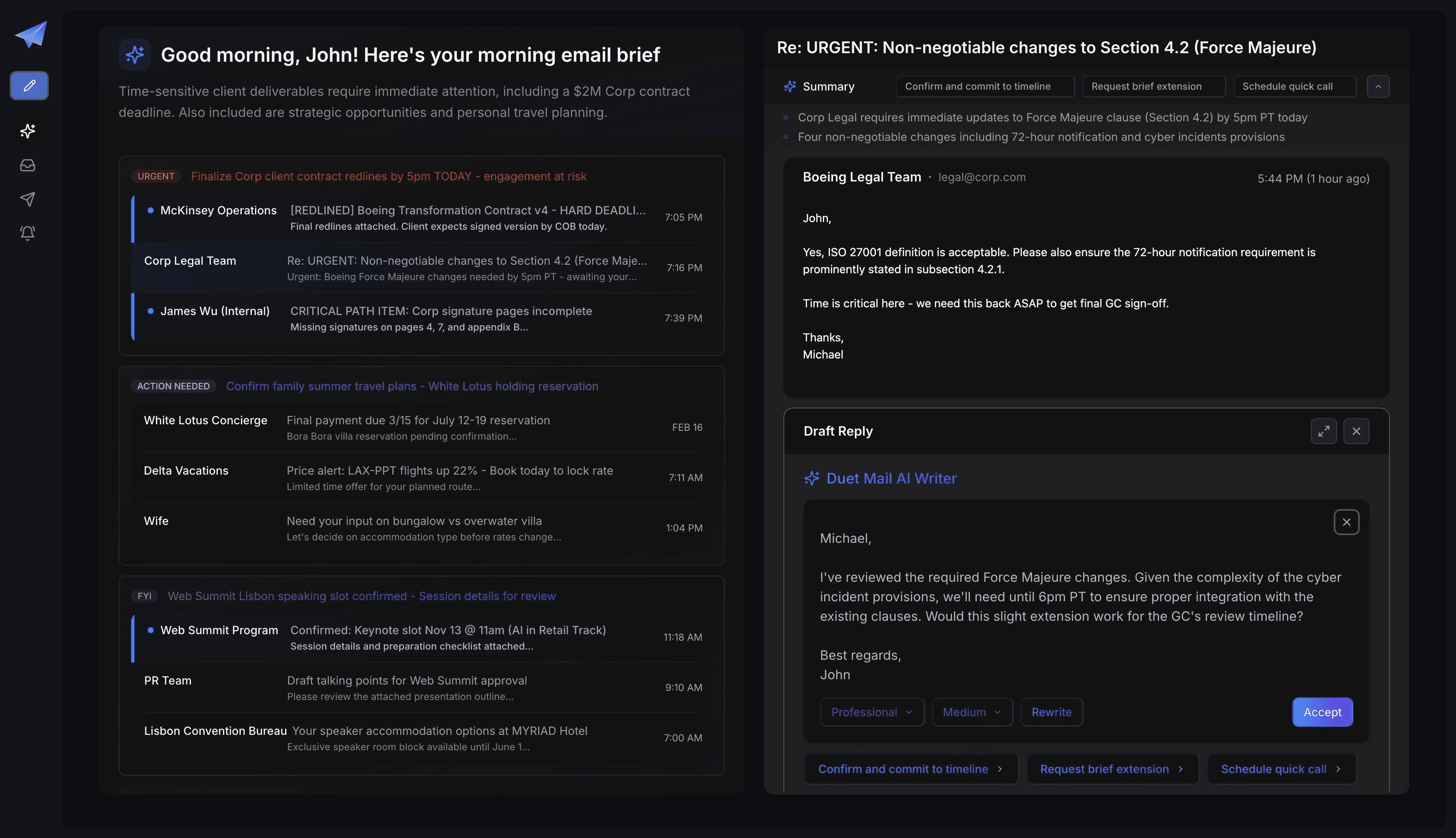 Screenshot of the Duet Mail Focused Dashboard showing prioritized emails categorized by Action Needed and Decisions Needed