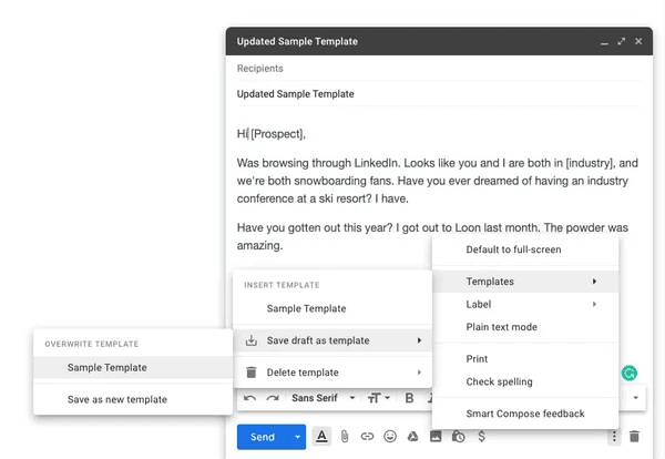 Screenshot showing how to insert a saved template (canned response) in the Gmail compose window via the three-dot menu