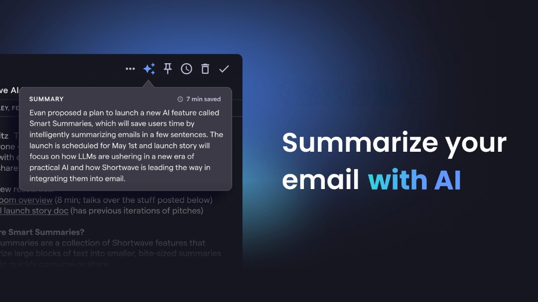 Screenshot showing Duet Mail's smart email summarization feature condensing a long email thread into key points and action items