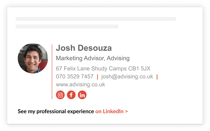 Example of a simple professional email signature for a freelancer with clickable contact info and social links